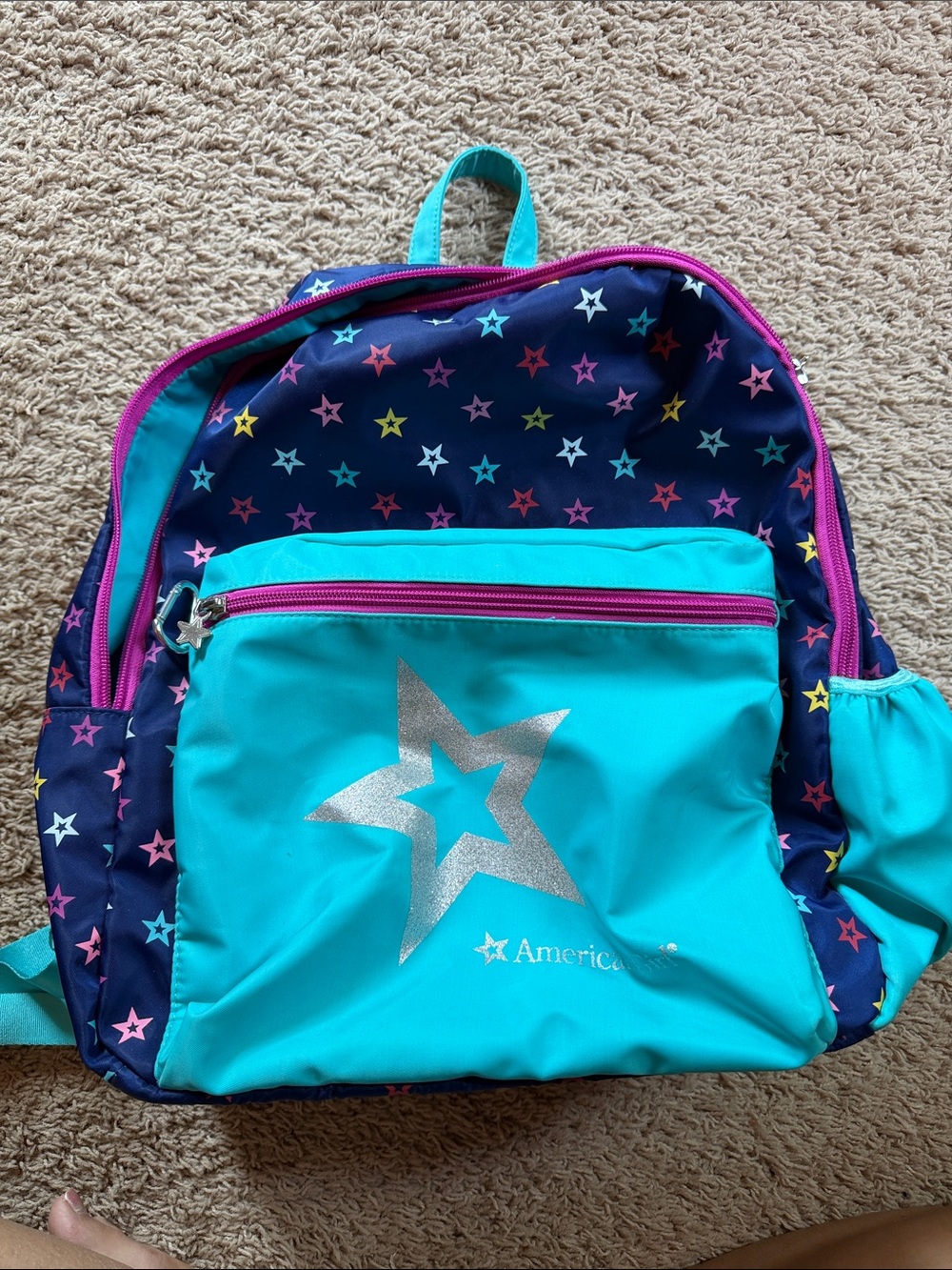 American Girl Turquoise & Navy Star Print Backpack with Pink Accents